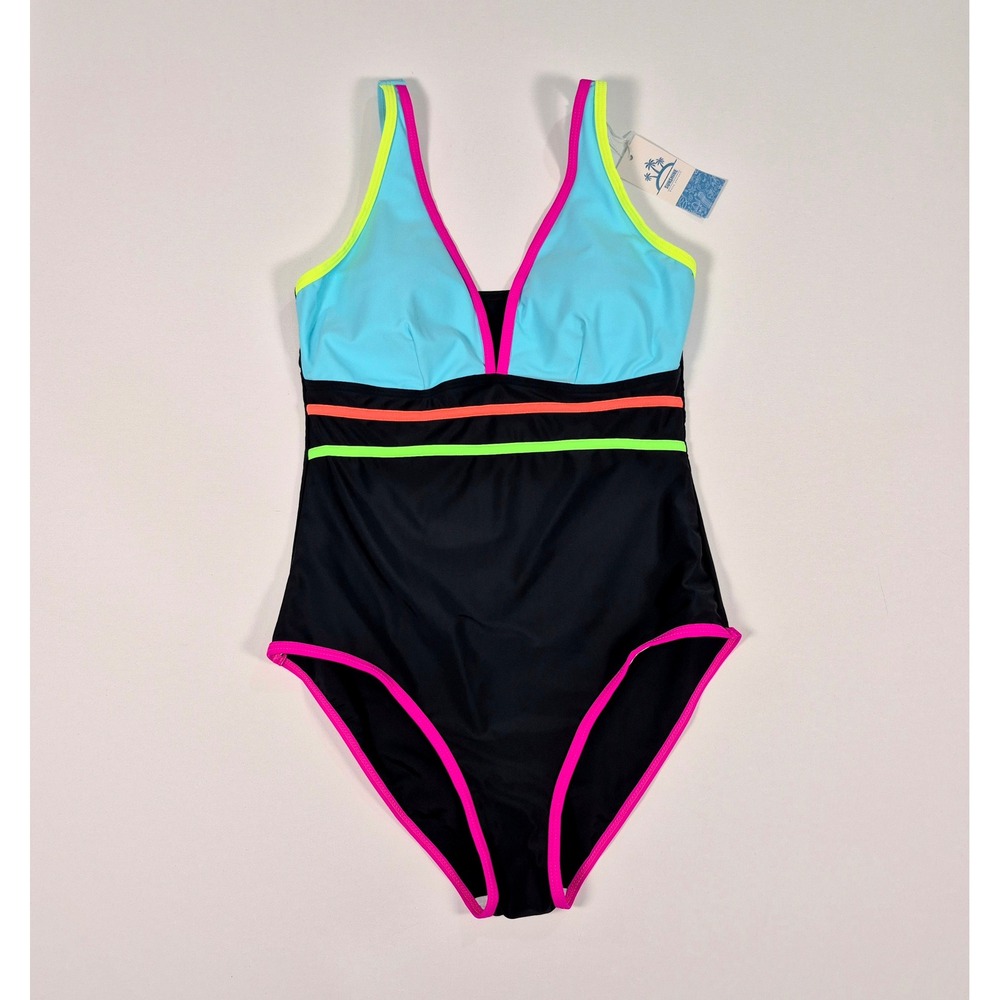 Sunshine Womens One Piece Swimsuit Neon Black Blue V-Neck Medium NWT